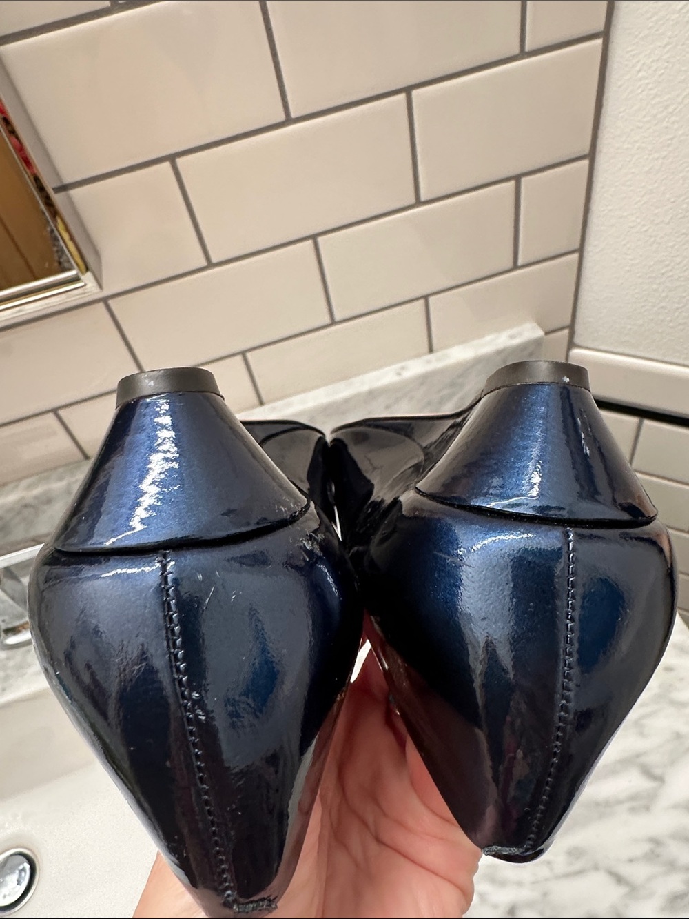 Cole Haan Nike Navy Patent Leather Peep-Toe Wedge Pumps - Picture 5 of 12